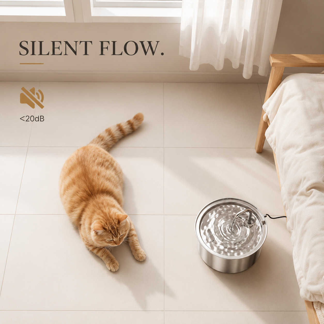 Cat laying next to a stainless steel pet water fountain with the description Silent Flow