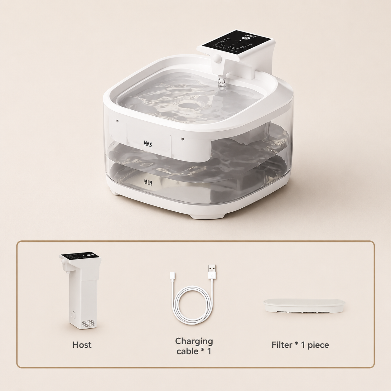 Pet water fountain showing the other pieces that come with it