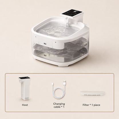 Pet water fountain showing the other pieces that come with it
