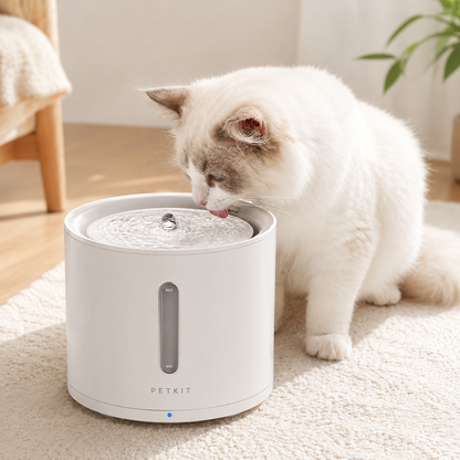 Petkit Wireless Smart Water Fountain with a cat drinking from it. 