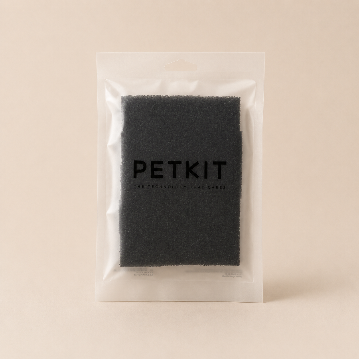Packet of filters in a PETKIT branded clear plastic packaging on a beige background