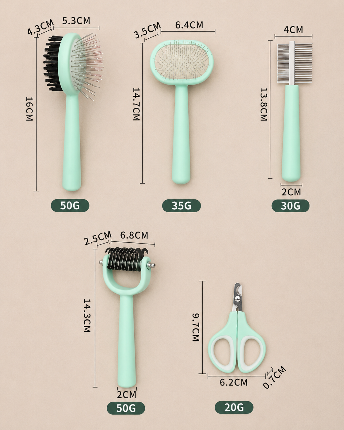 Cat grooming tools with measurements