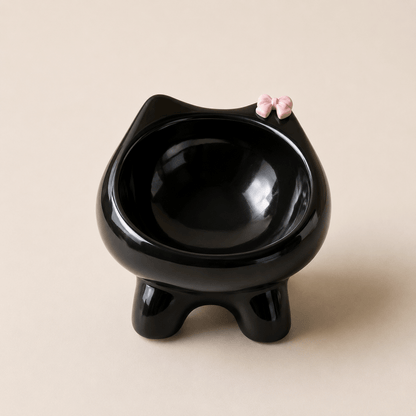Black cat shaped Ceramic Elevated Cat Bowl with bow