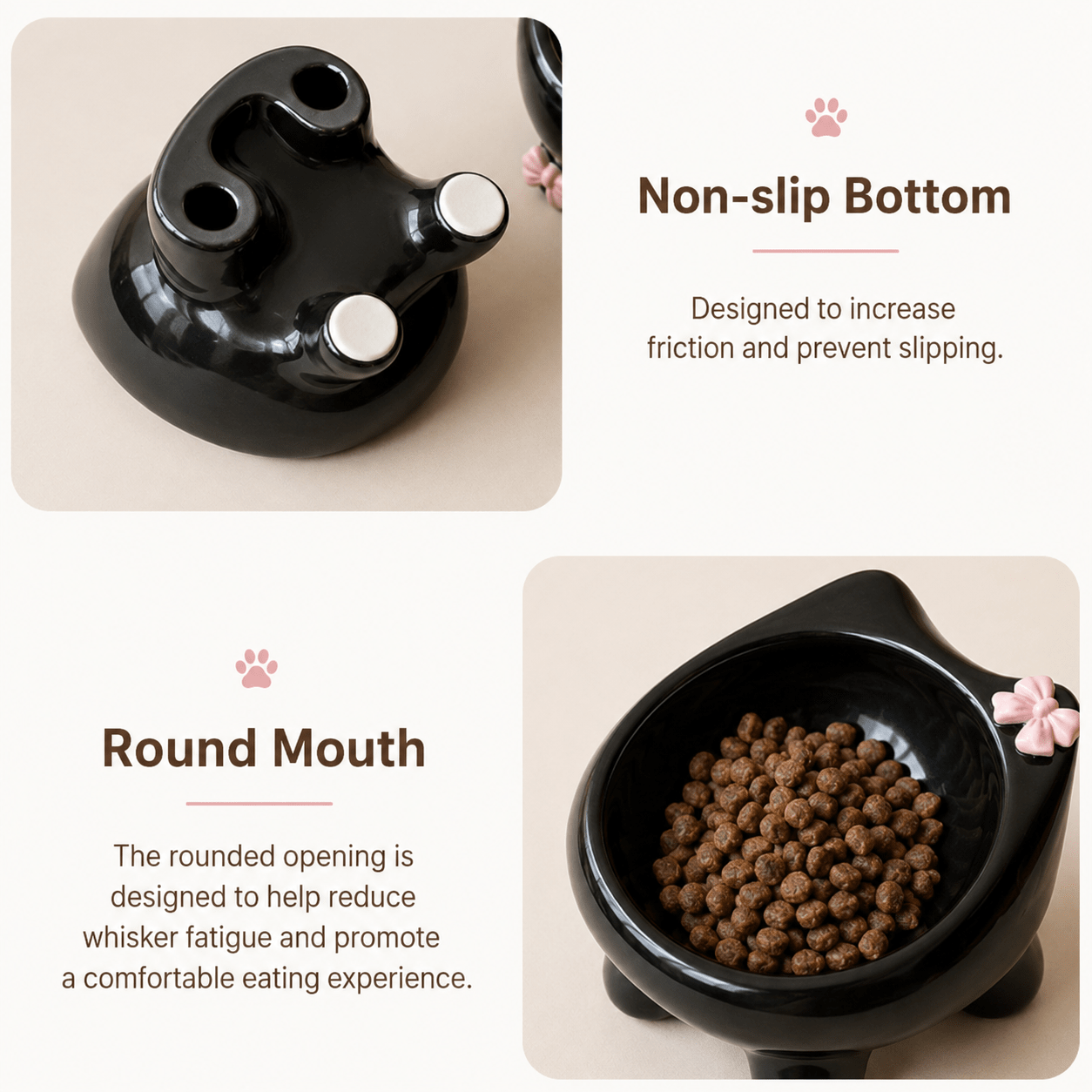 Black cat shape Ceramic Elevated Cat Bowl displaying non stick bottom and round mouth