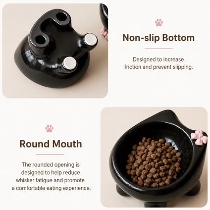 Black cat shape Ceramic Elevated Cat Bowl displaying non stick bottom and round mouth