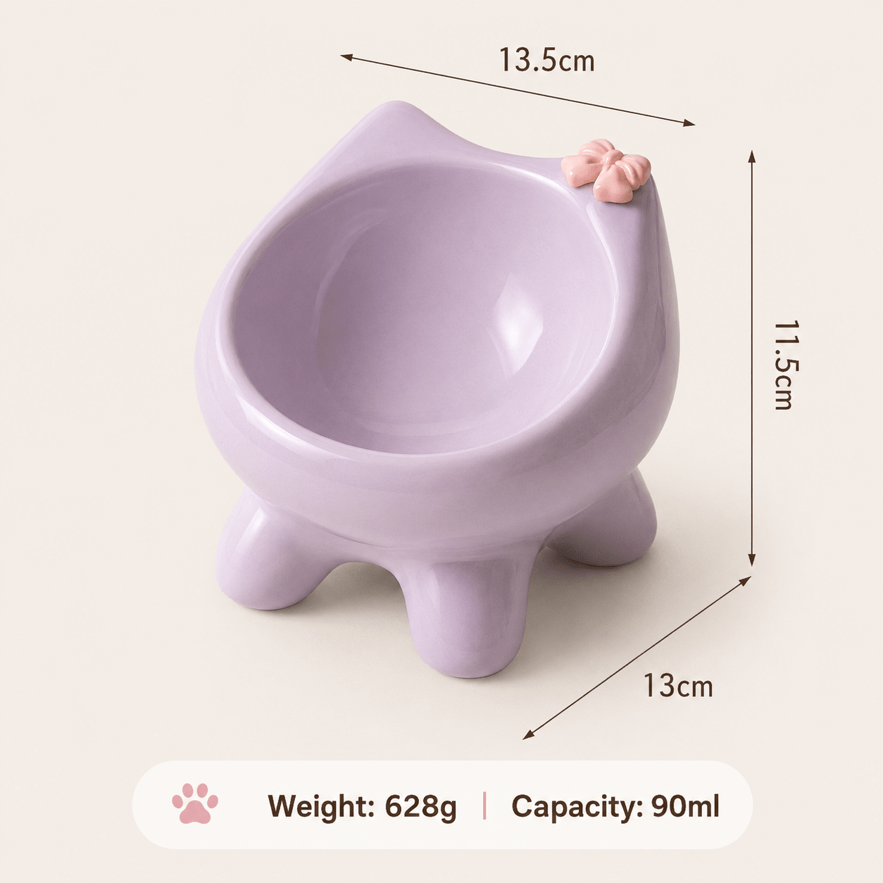 Purple shaped Ceramic Elevated Cat Bowl with measurements