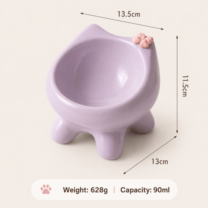 Purple shaped Ceramic Elevated Cat Bowl with measurements