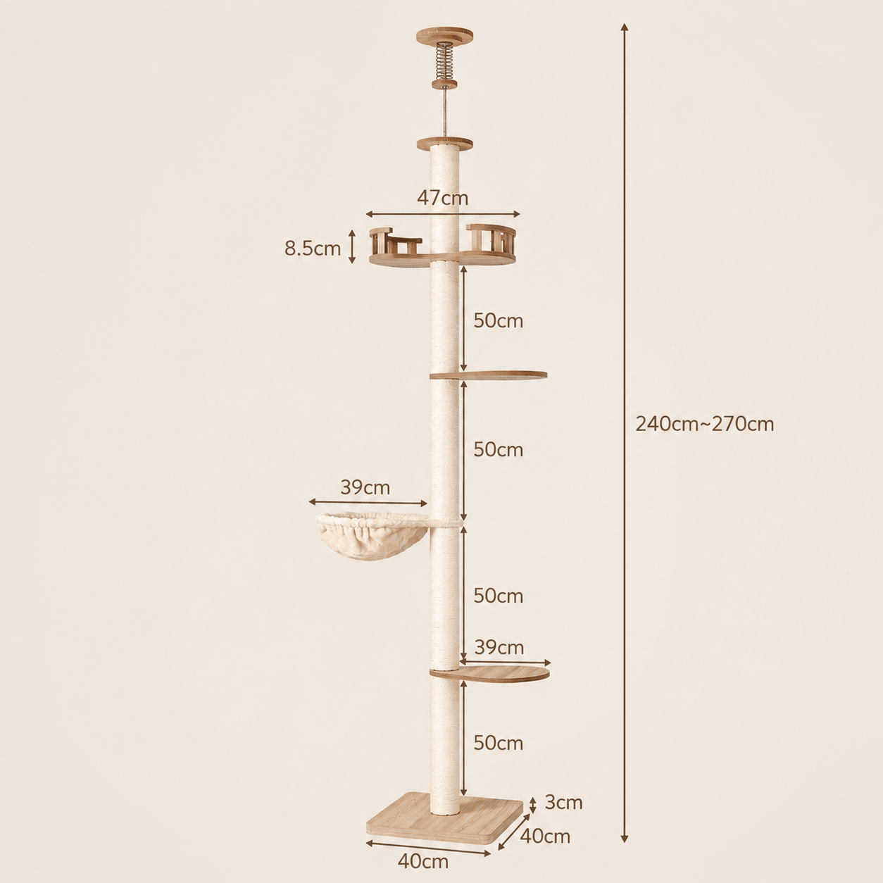 i.Pet Floor to Ceiling Cat Scratching Tree Beige 270cm - Coco & Harley - Pet Care > Cat Supplies > Cat Scratching Posts - PET-CAT-POLE-W-BE