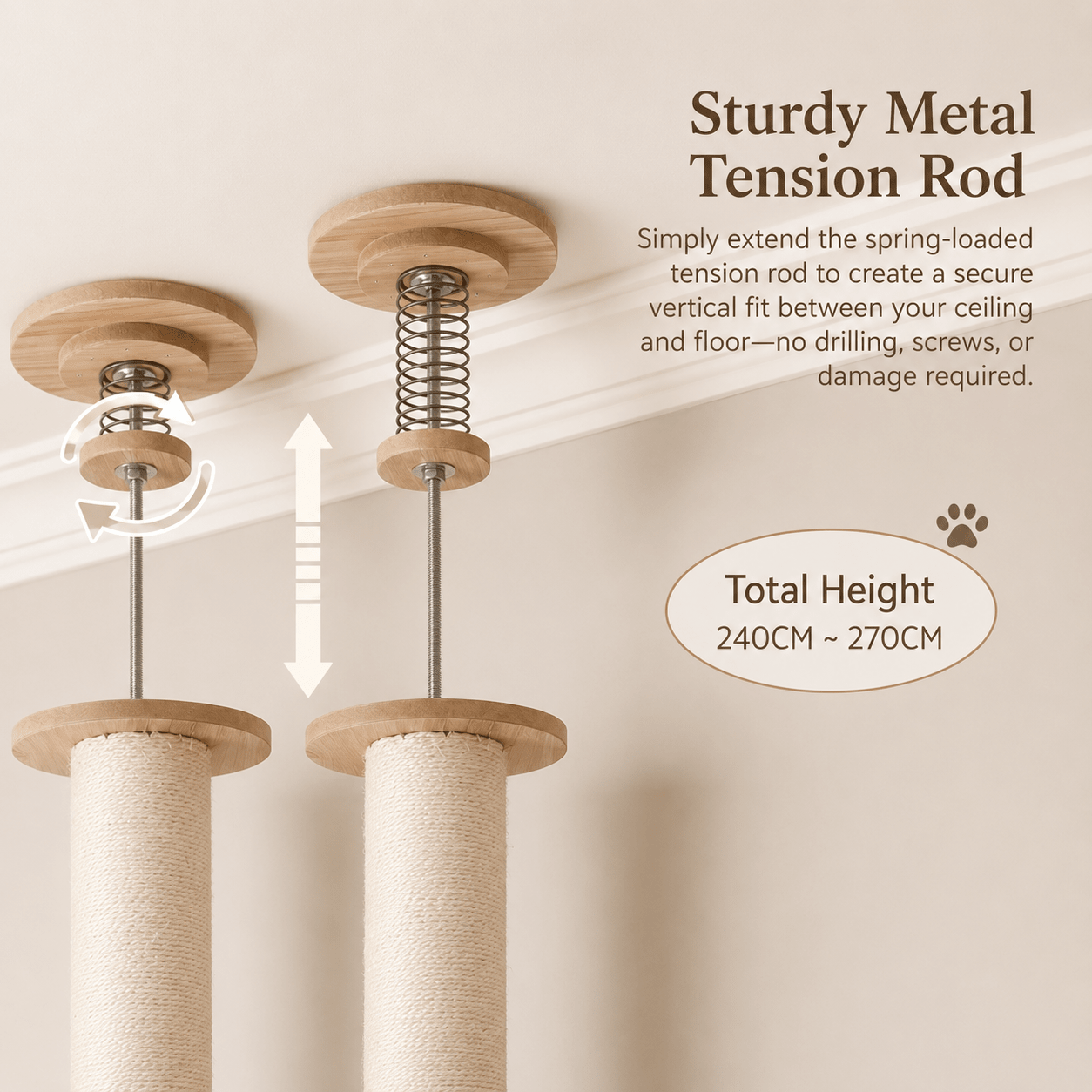 i.Pet Floor to Ceiling Cat Scratching Tree Beige 270cm - Coco & Harley - Pet Care > Cat Supplies > Cat Scratching Posts - PET-CAT-POLE-W-BE