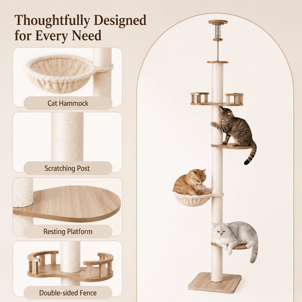 i.Pet Floor to Ceiling Cat Scratching Tree Beige 270cm - Coco & Harley - Pet Care > Cat Supplies > Cat Scratching Posts - PET-CAT-POLE-W-BE