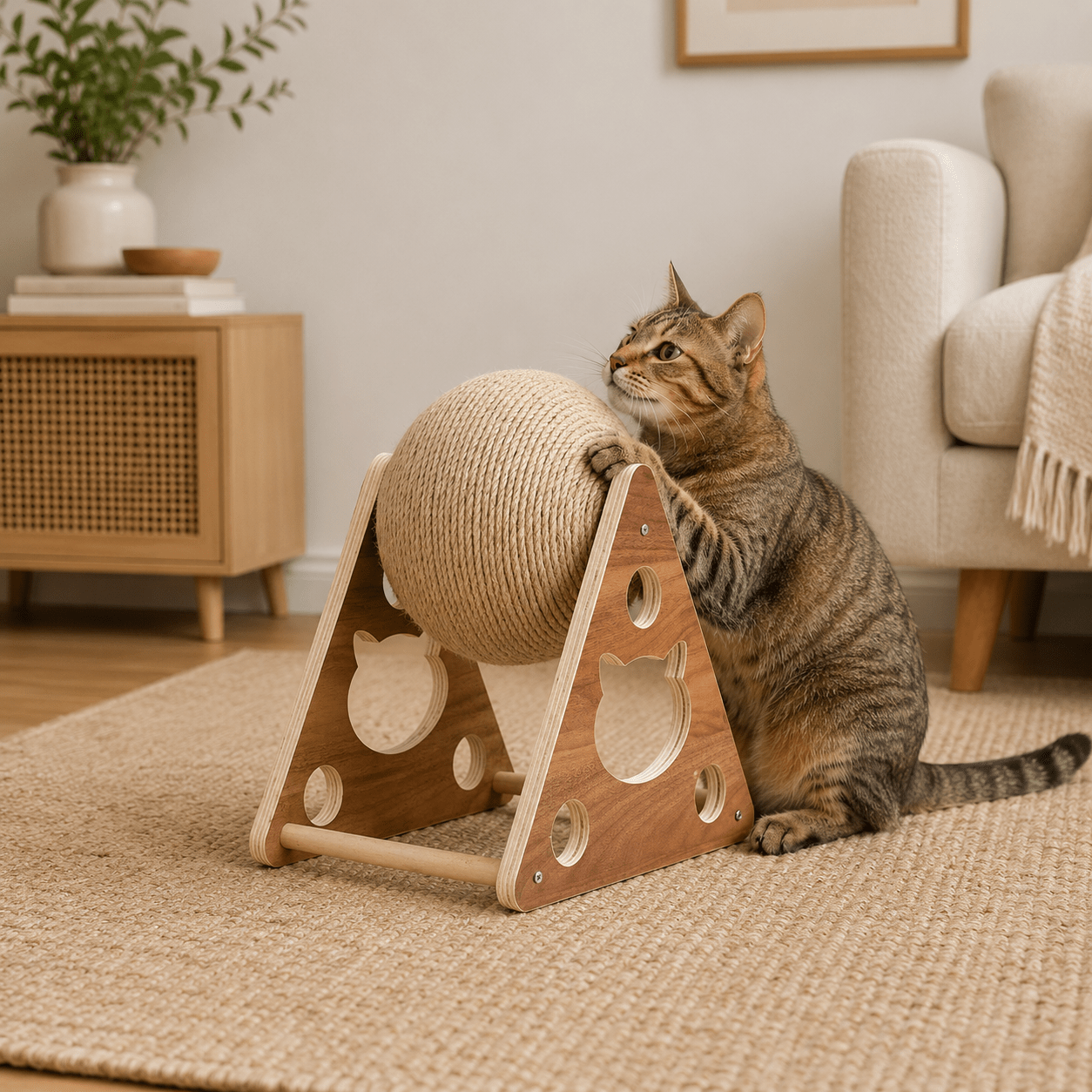 Wooden Cat Scratcher Toy with Rotating Sisal Ball with a cat scratching it in a neutrally styled living room with a rug, couch and side table