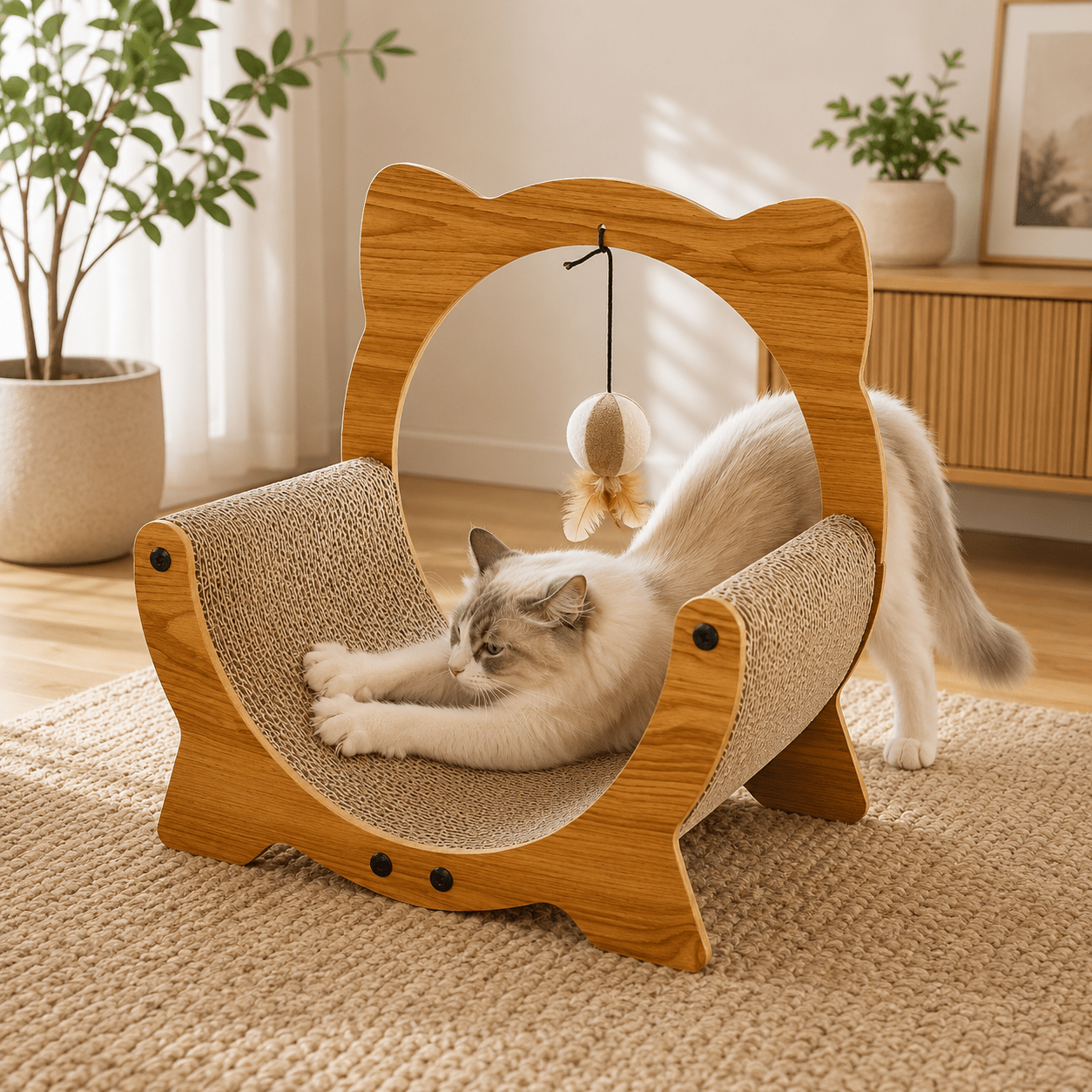 Wooden Cat Cradle & Scratch Board with Hanging Toy - Coco & Harley - Pet Care > Cat Supplies > Cat Scratchers - V528-CAT-SOFA-MOON-804004