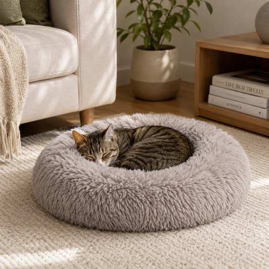 Cat sleeping in a beige brown cat bed in a living room