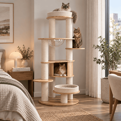 HONEYPOTCAT MZ Varnished Solid Wood Cat Tower With Capsule - 163cm - Coco & Harley - Pet Care > Cat Supplies > Cat Furniture - V390-V190328PRO