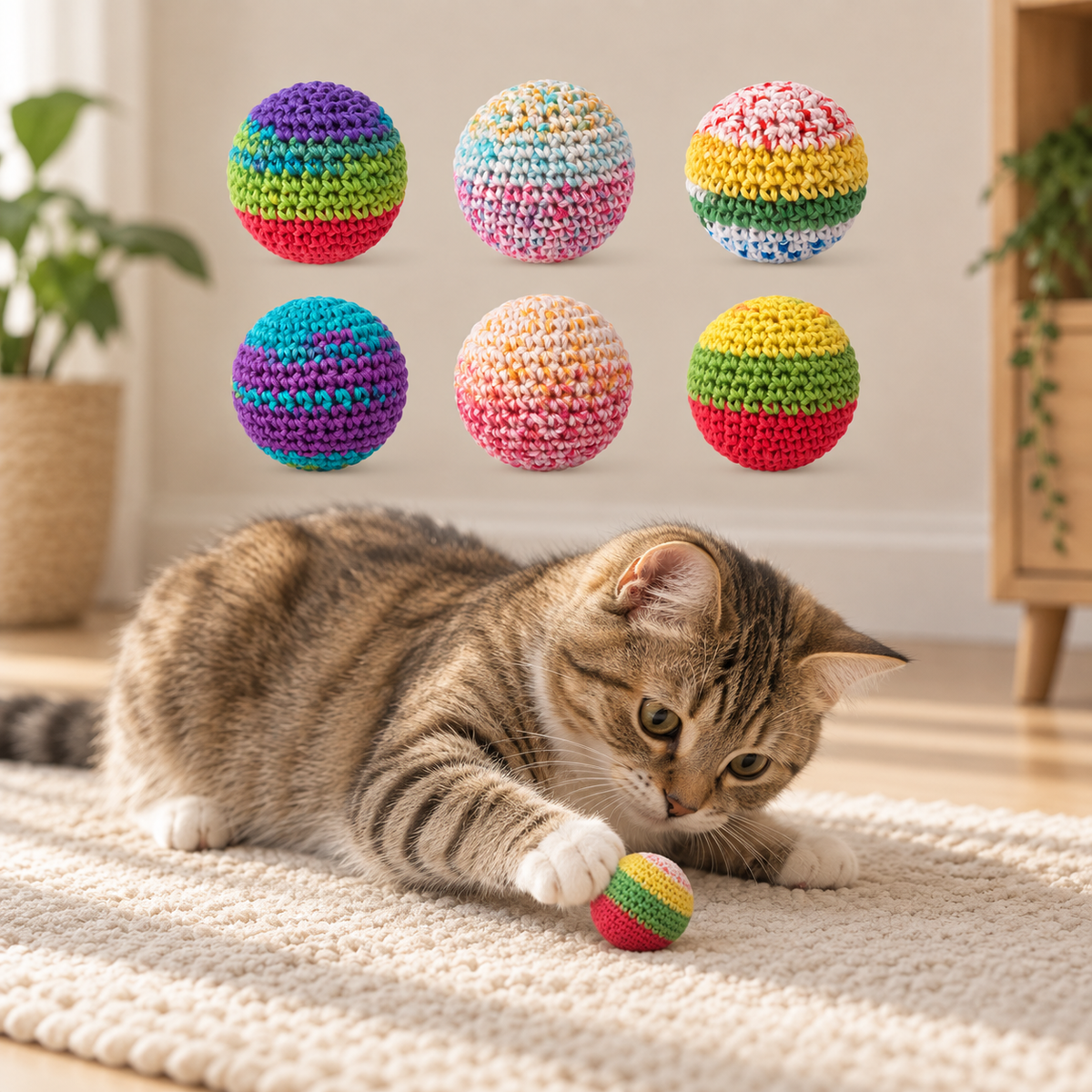 A tabby cat lies on a cream rug in a bright indoor room, reaching toward a small crocheted rainbow ball toy. Six larger crocheted rainbow balls are shown floating above the cat as product options.