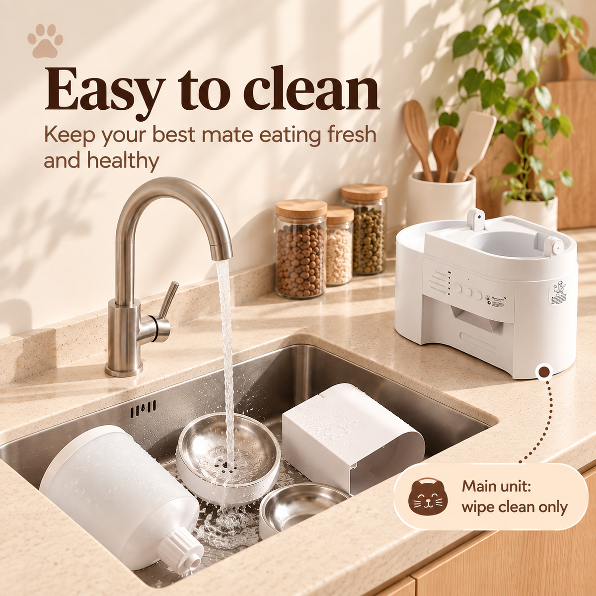 2 in 1 cat feeder parts in a kitchen sink with the main unit on the side saying wipe clean only. Wording Easy to Clean at the top of the image.