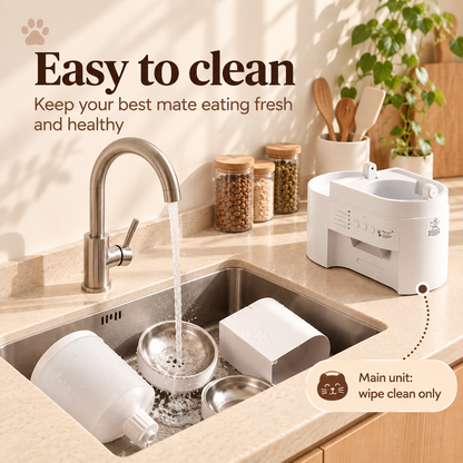 2 in 1 cat feeder parts in a kitchen sink with the main unit on the side saying wipe clean only. Wording Easy to Clean at the top of the image.