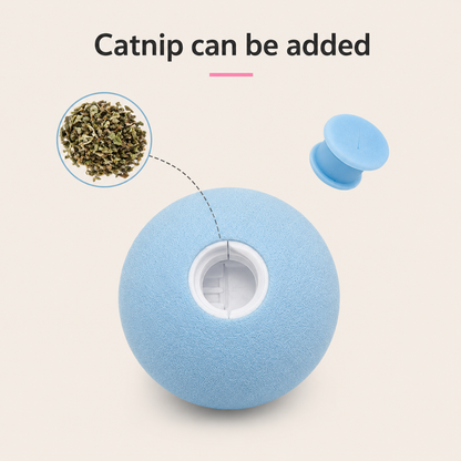 A light blue ball with a white opening, shown on a pale beige background with the text 'Catnip can be added,' a small inset of dried green catnip, and a separate blue cap-like piece.