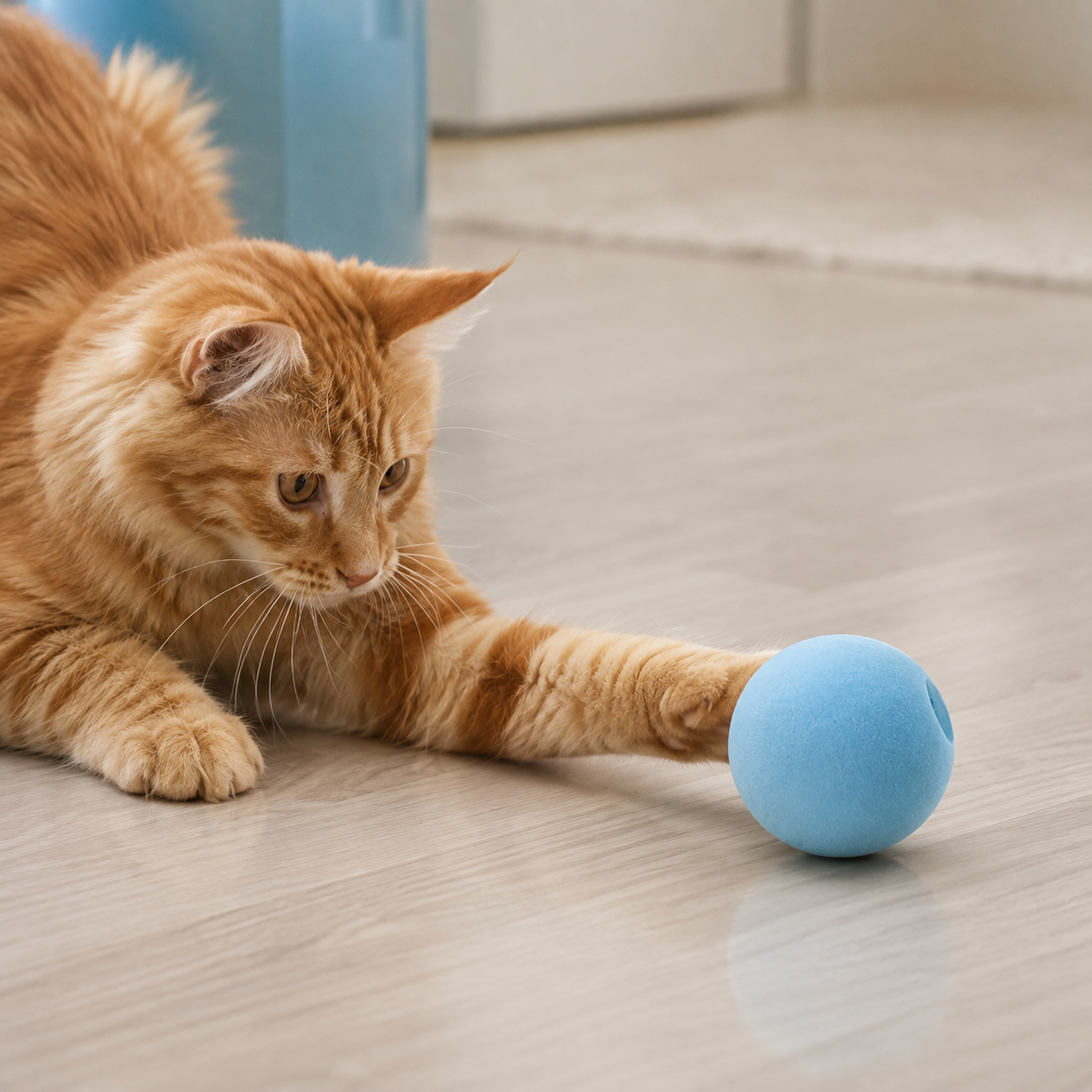 An orange tabby cat stretches its paw toward a small light blue ball on a light wood floor.