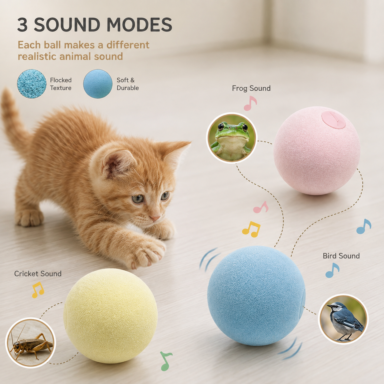 A kitten on a light wood floor investigates three colorful plush toy balls that produce different animal sounds. The image includes text explaining the three sound modes: Flocked Texture, Soft & Durable, Frog Sound, Cricket Sound, Bird Sound, and 3 Sound Modes.