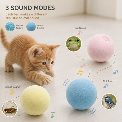 A kitten on a light wood floor investigates three colorful plush toy balls that produce different animal sounds. The image includes text explaining the three sound modes: Flocked Texture, Soft & Durable, Frog Sound, Cricket Sound, Bird Sound, and 3 Sound Modes.