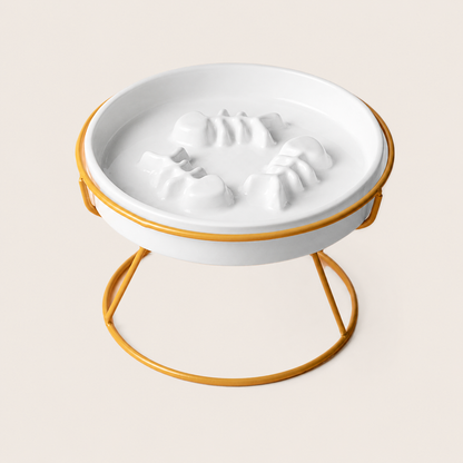 White cat feeding bowl sitting in a gold stand