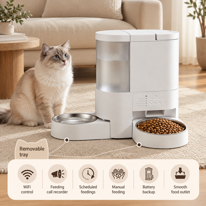 2 in 1 cat feeder with cat in a living room and features outlined at the bottom of the image