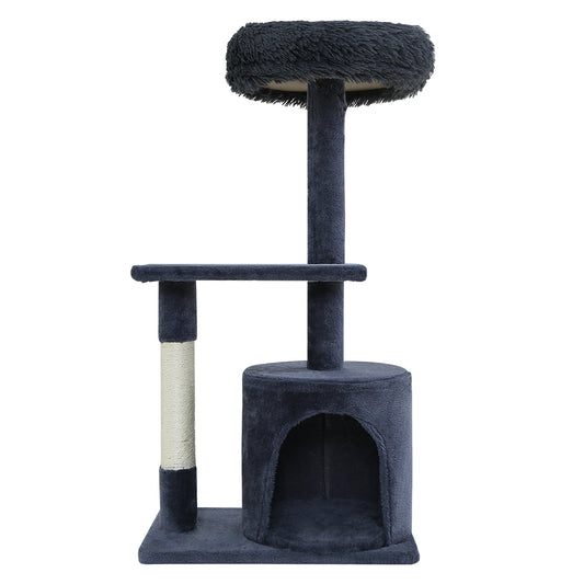 Cat tree with multiple levels and a scratching post on a white background