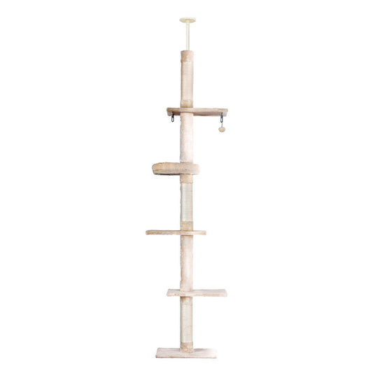 Beige / cream cat tree with multiple levels and perches on a white background