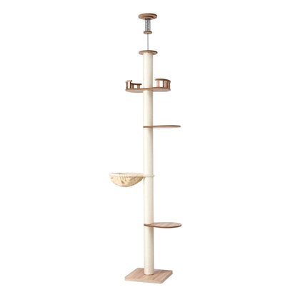 Beige cat tree with multiple levels and a hanging toy on a white background