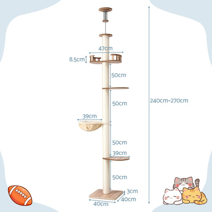 Measurement chart of a beige cat tree with dimensions labelled