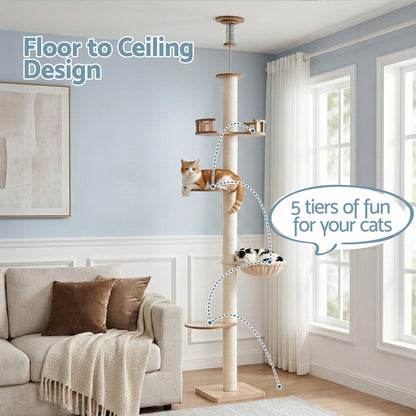Beige cat tree with 5 tiers in a living room setting, featuring text 'Floor to Ceiling Design' and '5 tiers of fun for your cats'.
