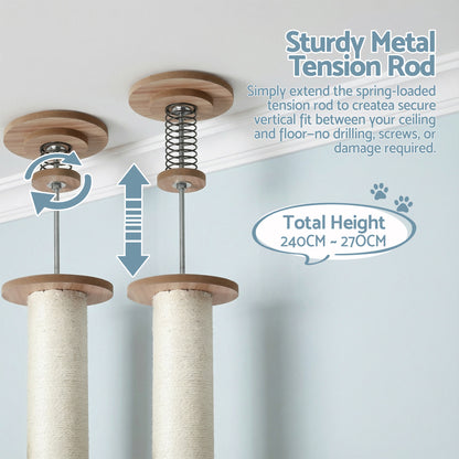 Sturdy metal tension rod with wooden ends and text on a light blue background