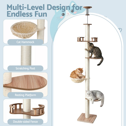Beige cat tree with multiple levels for cats to climb and rest, featuring a cat hammock, scratching post, resting platform, and double-sided fence.