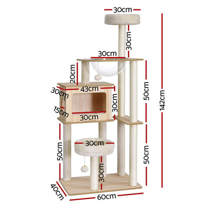 i.Pet Cat Tree Tower Beige 142cm - Coco & Harley - Pet Care > Cat Supplies > Cat Furniture - PET-CAT-WOOD142-BE