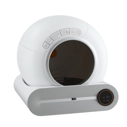 White electronic cat litter box with a circular shape on a white background