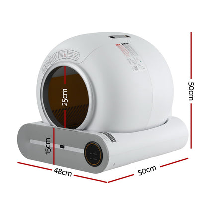 White cylindrical cat litter device with dimensions indicated on a white background