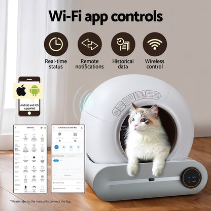 Smart pet litter box with Wi-Fi app controls and a cat inside, on a wooden floor.