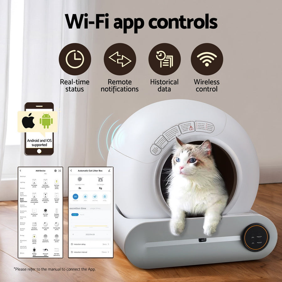 Smart app control interface for the i.Pet litter box with a cat inside
