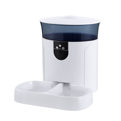 White pet feeder with a transparent grey top on a white background