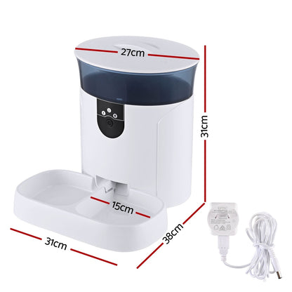White pet feeder with dimensions marked on a white background