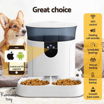 Pet feeder with a dog on the left and features listed on the right.