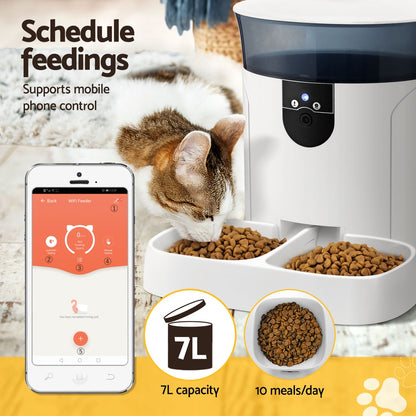 Automated pet feeder with a cat eating, smartphone app interface, and product features on a yellow background.
