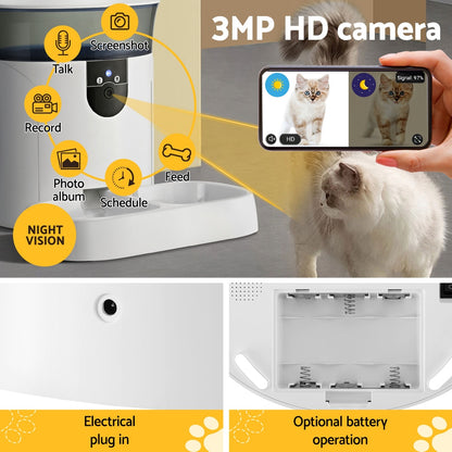 Pet feeder with 3MP HD camera, night vision, and smartphone app interface.