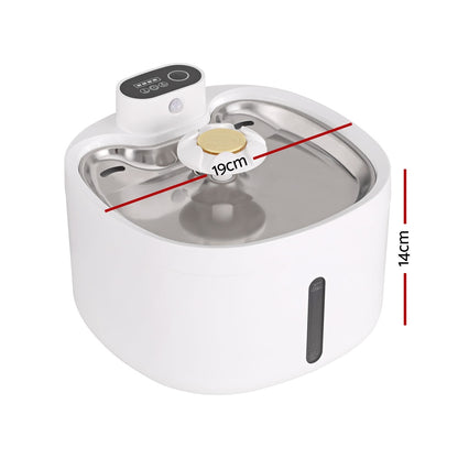 White pet water fountain with dimensions indicated on a white background