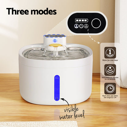 White pet water fountain with control panel and water level indicator on a wooden surface.