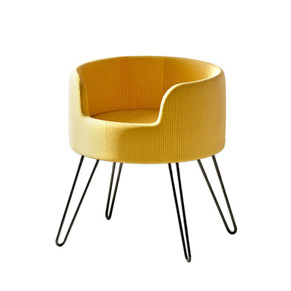 Yellow raised pet bed with black legs on a white background