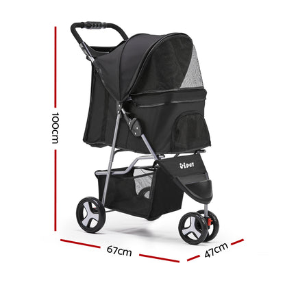 Black cat stroller with dimensions indicated on a white background