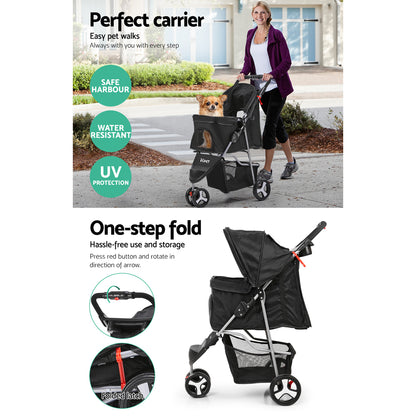 Pet stroller with features highlighted and a woman walking a dog in the background.