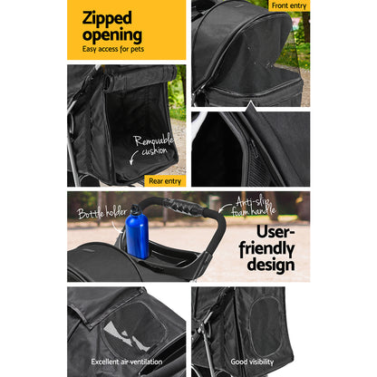 Black cat stroller with features highlighted on a white background